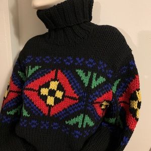 Polo Ralph Lauren Sweater Black Nordic Sz M Turtleneck Merino Wool Intarsia